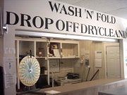Laundry service counter with sign 