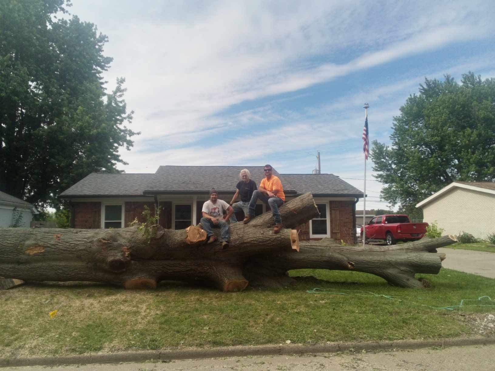 Three people sit on a large felled tree trunk in front of a house, sunny day.