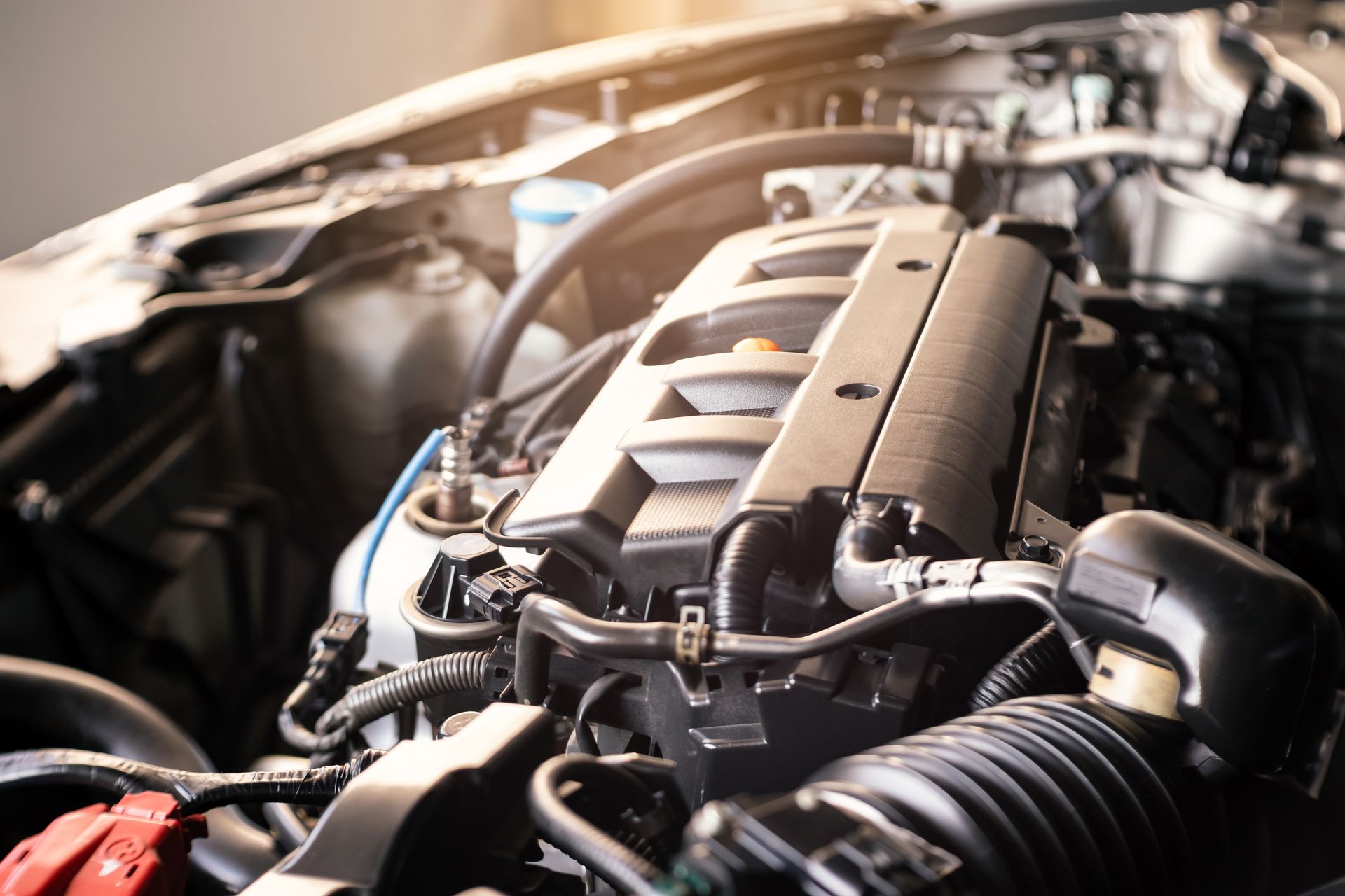 Car engine, black and silver components, viewed from above, in a vehicle bay. | Rocky Mountain Car Care