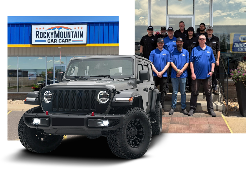 A gray Jeep Wrangler parked in front of Rocky Mountain Car Care, with a group of employees. | Rocky Mountain Car Care