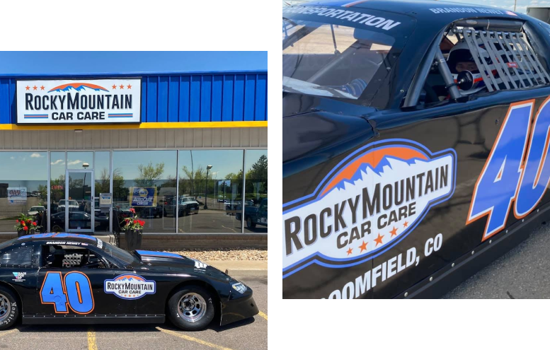 Black race car with sponsor logo 