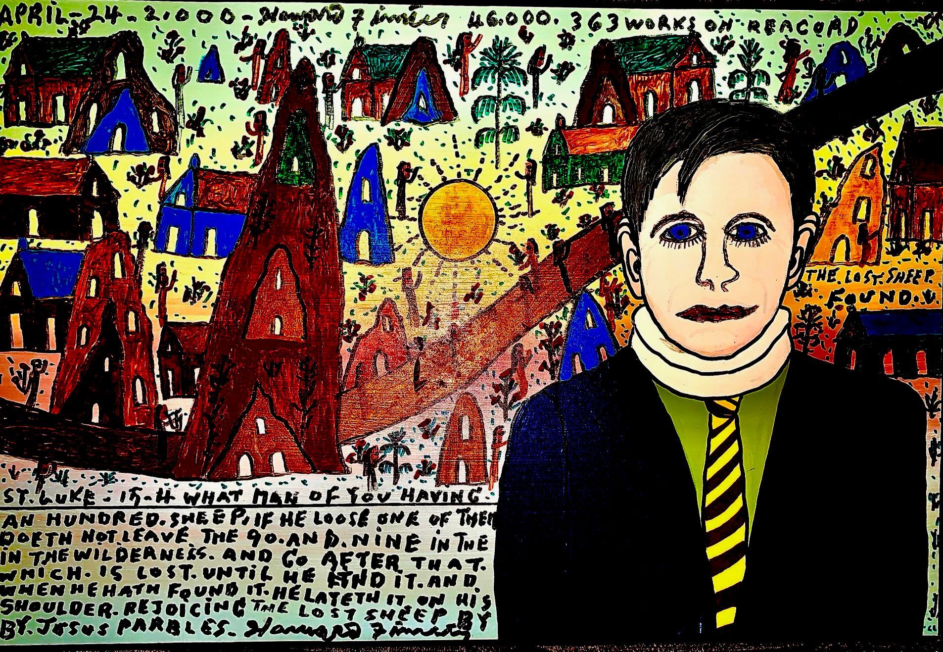 A colorful painting depicts a man in a suit overlaid on a town scene with text, a bright sun, and a religious inscription.