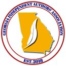 Georgia Independent Authors' Association logo featuring a gold outline of Georgia with a white feather, within a red-lined circle.