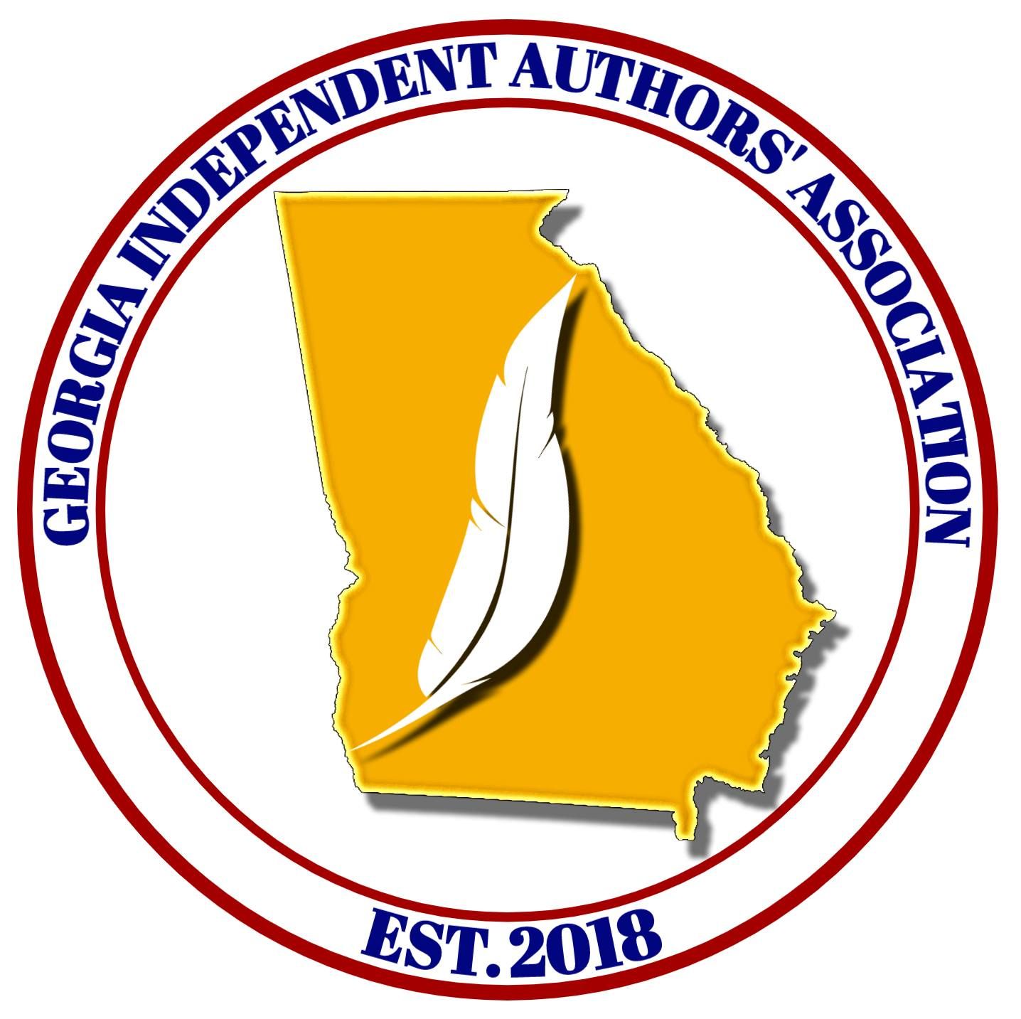 Georgia Independent Authors' Association logo featuring a gold outline of Georgia with a white feather, within a red-lined circle.