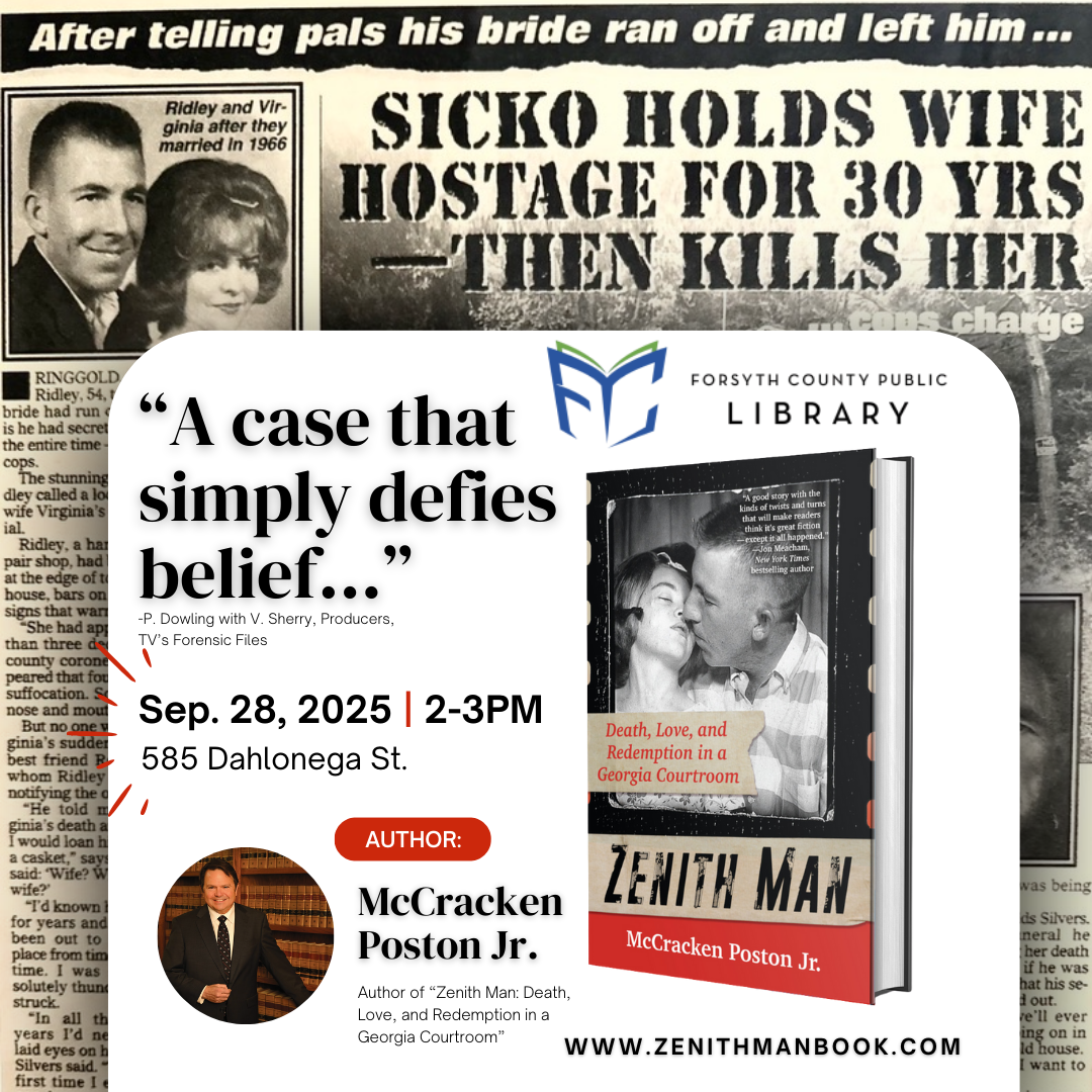Book event ad with newspaper headline "Sicko Holds Wife Hostage". Sep. 28, 2025 at Forsyth County Public Library.