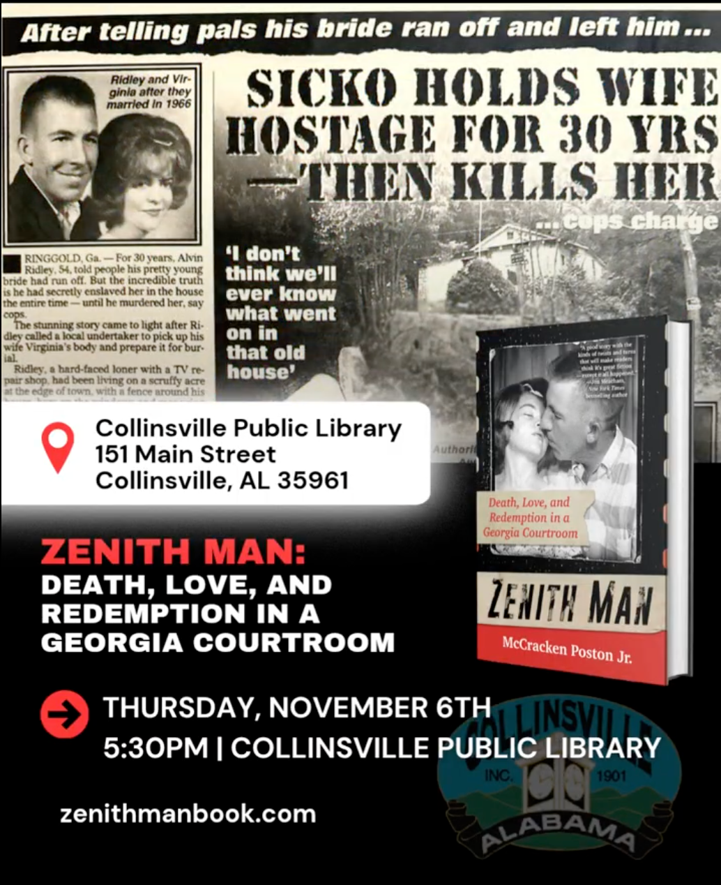 Book promotion: "Zenith Man" event at Collinsville Public Library. Headline: "Sicko holds wife hostage for 30 yrs then kills her."