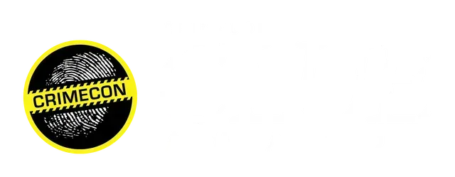 CrimeCon logo: yellow circle with a black fingerprint, yellow tape reads