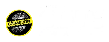 CrimeCon logo: yellow circle with a black fingerprint, yellow tape reads 