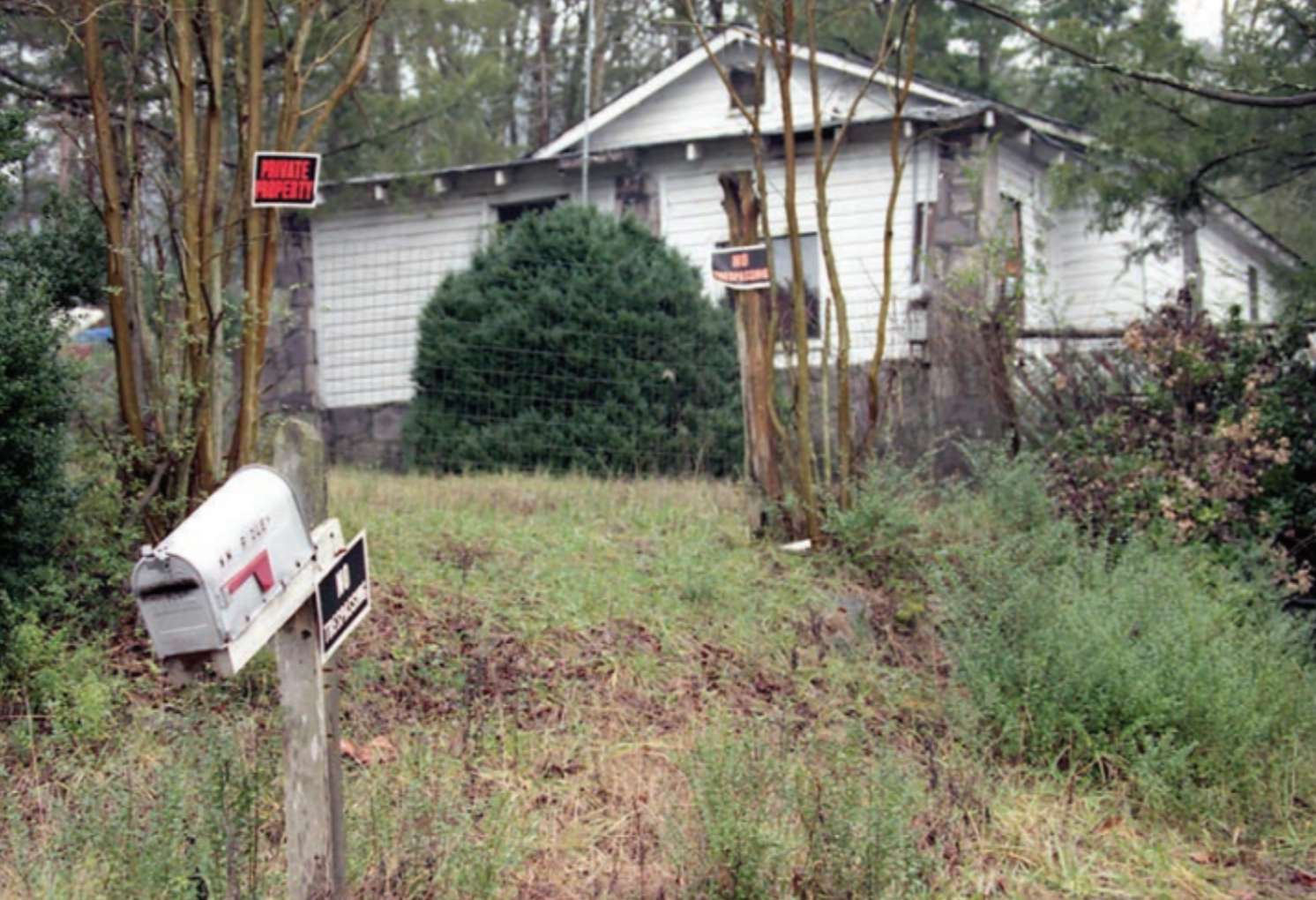 Overgrown yard with a dilapidated white house,