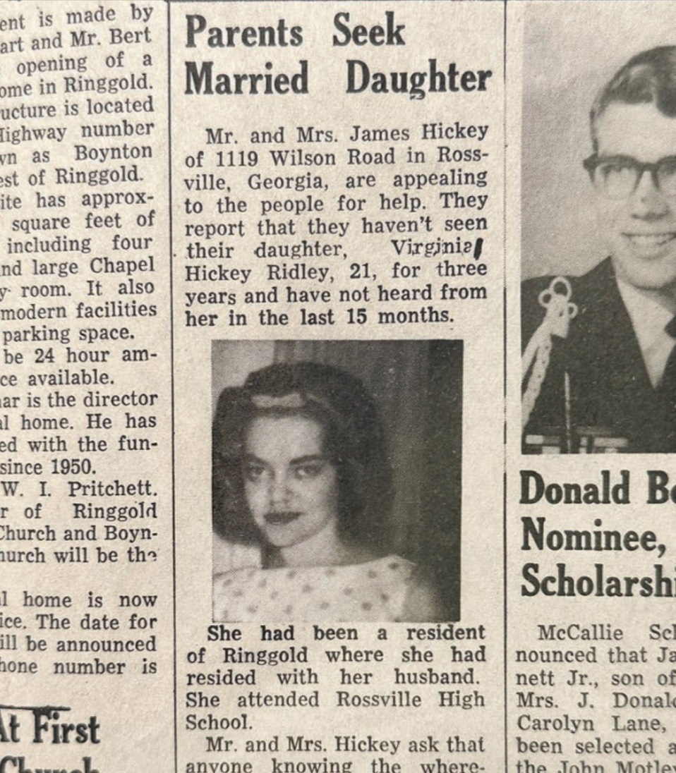 Newspaper clipping: Parents seek married daughter Virginia Hickey Ridley, missing for 15 months. Includes a photo of the daughter.