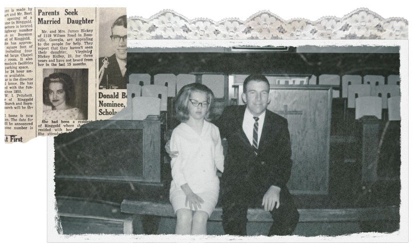 Black and white photo of a man and woman in formal wear, and a newspaper clipping about a missing daughter.