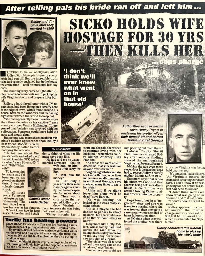Newspaper front page: Article about a man holding his wife hostage for 30 years and then killing her. Includes photos of the couple, the house, and the man.
