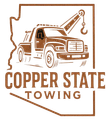 Copper State Towing logo: brown tow truck in front of outline of Arizona; text below.