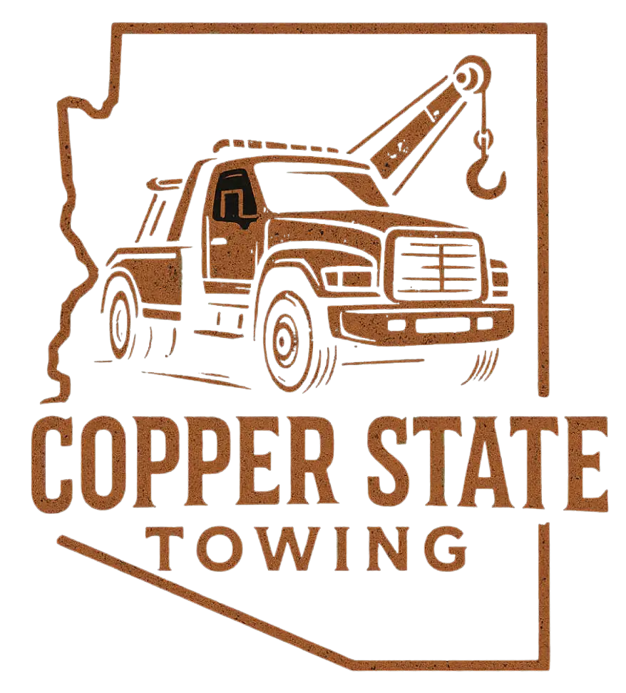 Copper State Towing logo: brown tow truck in front of outline of Arizona; text below.