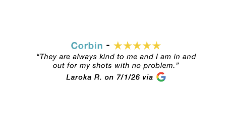 5-star Google review for our Corbin KY allergy clinic: Always kind and in and out for shots with no problem.