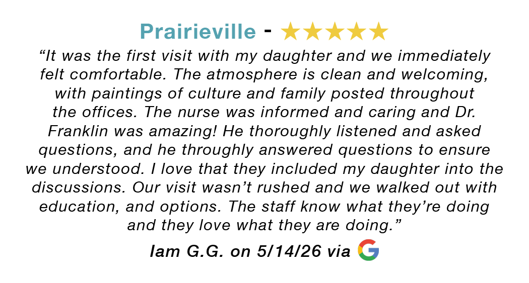 5-star Google review for our Prairieville allergy clinic: It was the first visit with my daughter and we immediately felt comfortable. The atmosphere is clean and welcoming. The nurse was informed and caring and Dr. Franklin was amazing! He thoroughly listened and asked questions. The staff know what they're doing and they love what they are doing!
