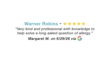 5-star Google review for our Warner Robins allergy clinic: Very kind, professional, knowledgeable.