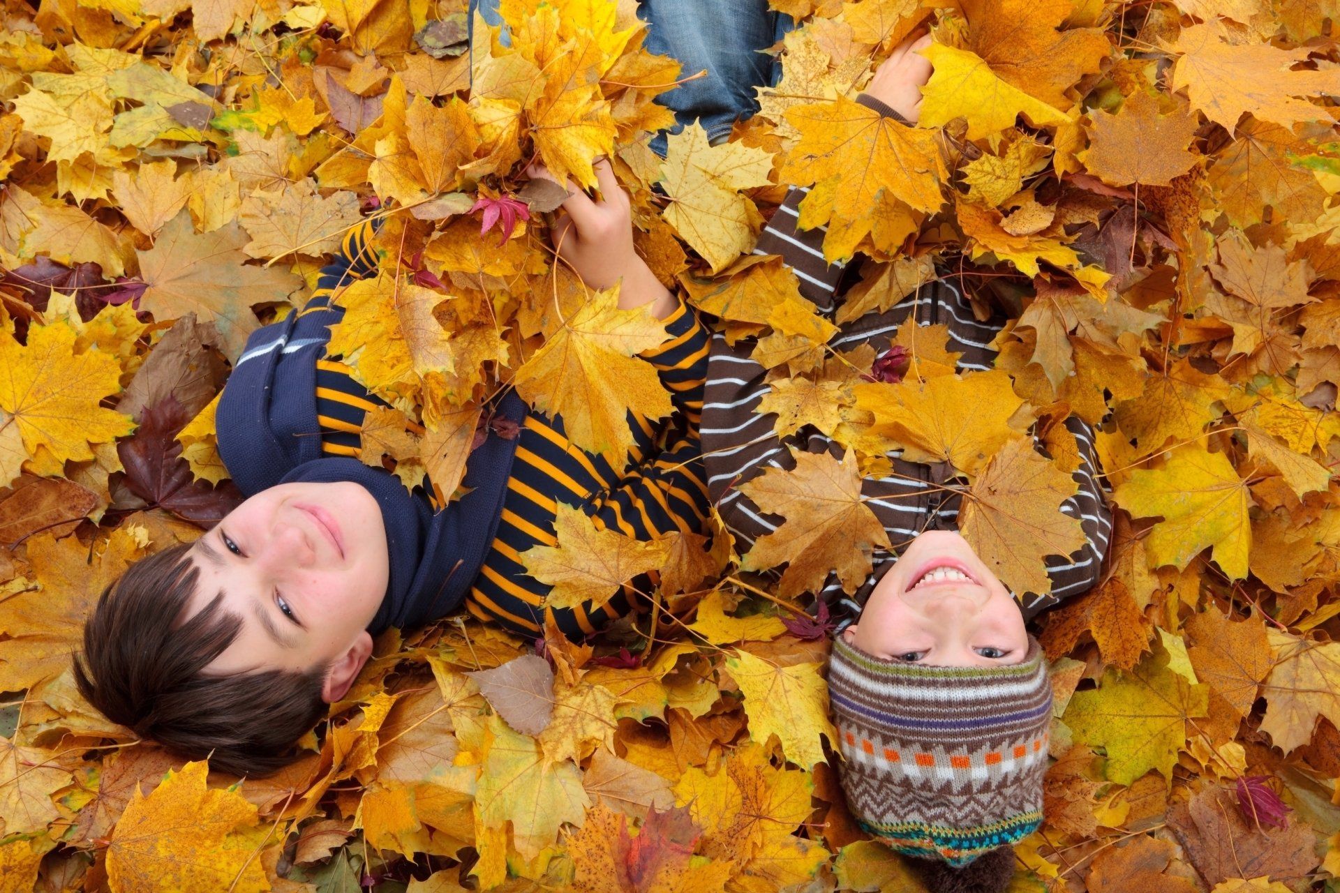 kids in fall leaves