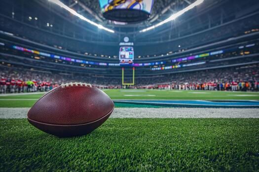 Football on the field in a stadium, with players and spectators in the background.