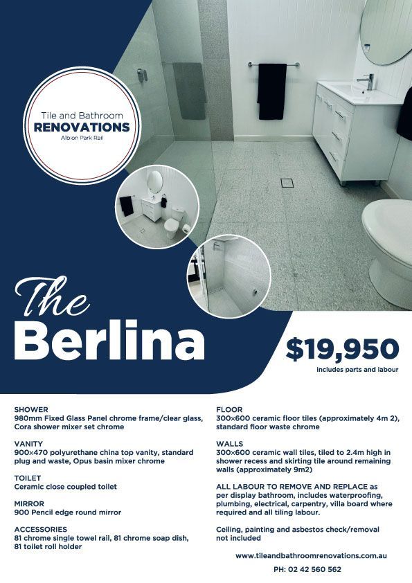Bathroom renovation advertisement with text and photos of renovated bathroom. Price: $15,950. Company: The Berlina.