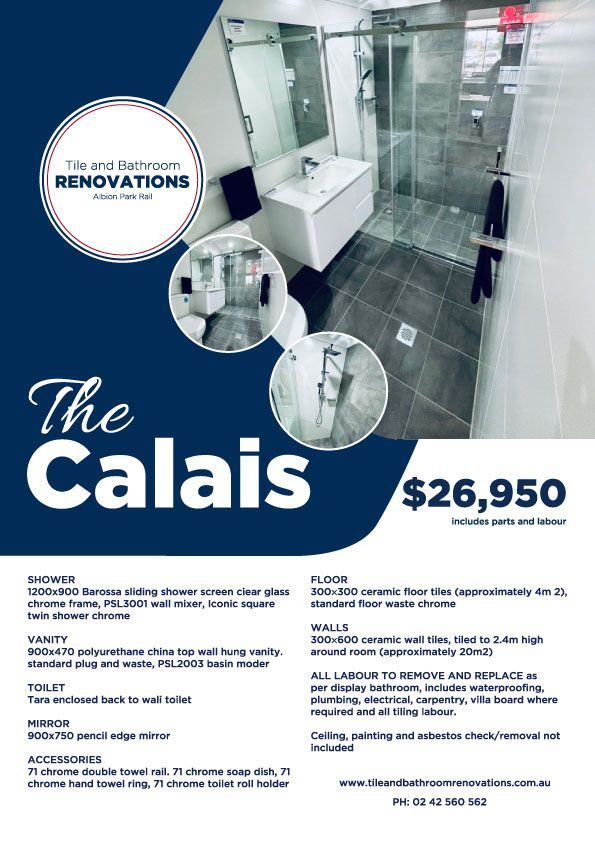 Bathroom renovation ad featuring a modern bathroom, a price of $21,450, and renovation details.