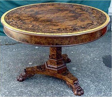 Walnut Burl & Satinwood Table w/hand carving