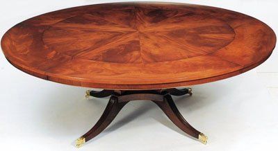 Crotch mahogany with solid African mahogany base. Custom made circular extending leaf system
