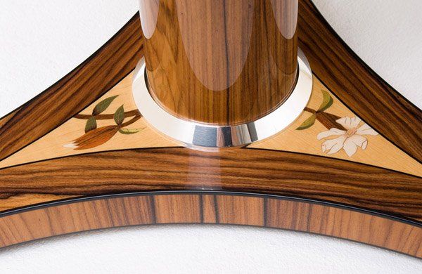 Campion Table Detail Pau Ferro, Figured Satinwood, Holly, Ebony, Poplar, Dyed Poplar, Silver and Aluminum
