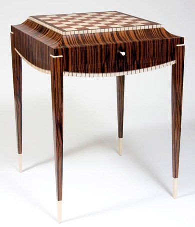 Chess Table Macassar Ebony, Holly, Bubinga, Ebony, Mother of Pearl, and Jatoba