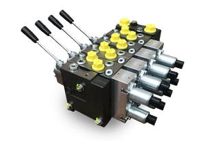 Hydraulic control valve with four levers, silver and black, yellow caps.