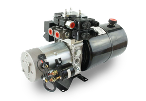 Hydraulic power unit, with black and silver components, including a pump and valve assembly.