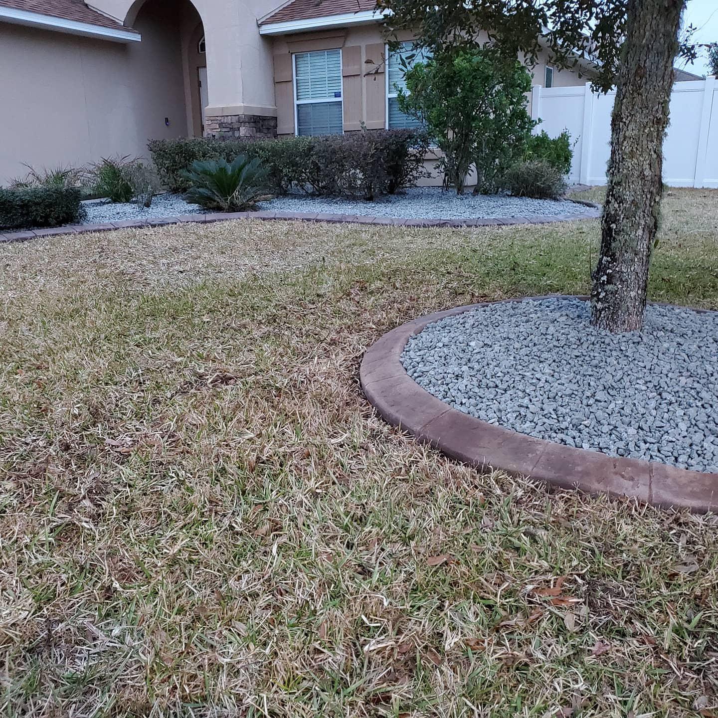 A lawn with a tree in the middle of it and a house in the background.