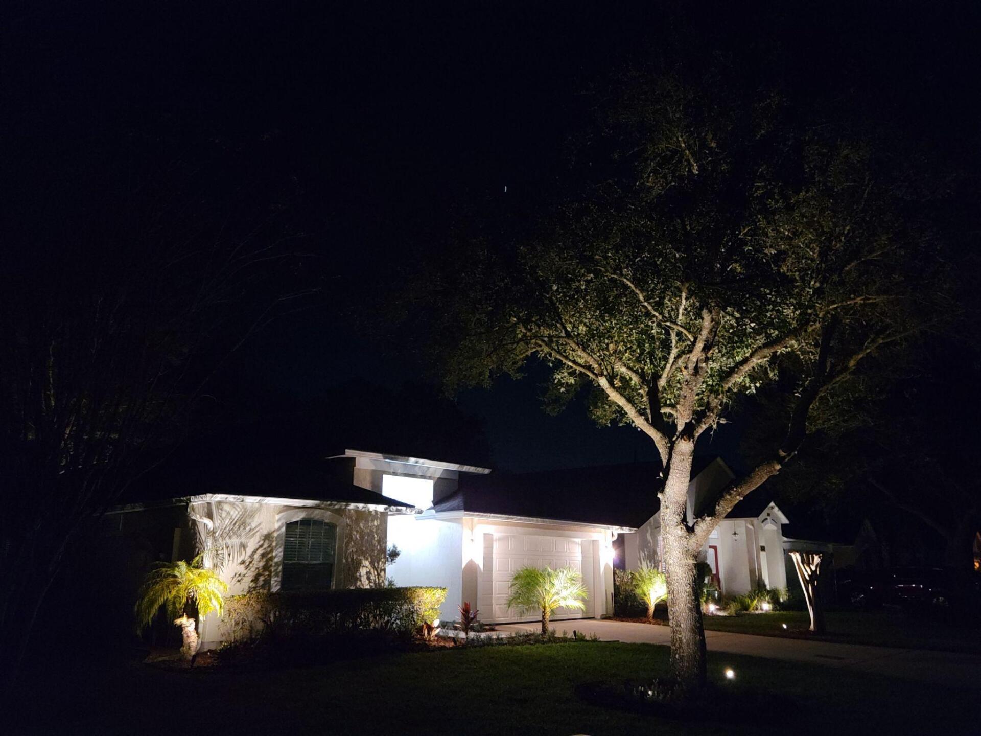 A house is lit up at night with a tree in front of it.