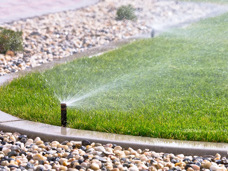 a lawn sprinkler is spraying water on a lush green lawn .