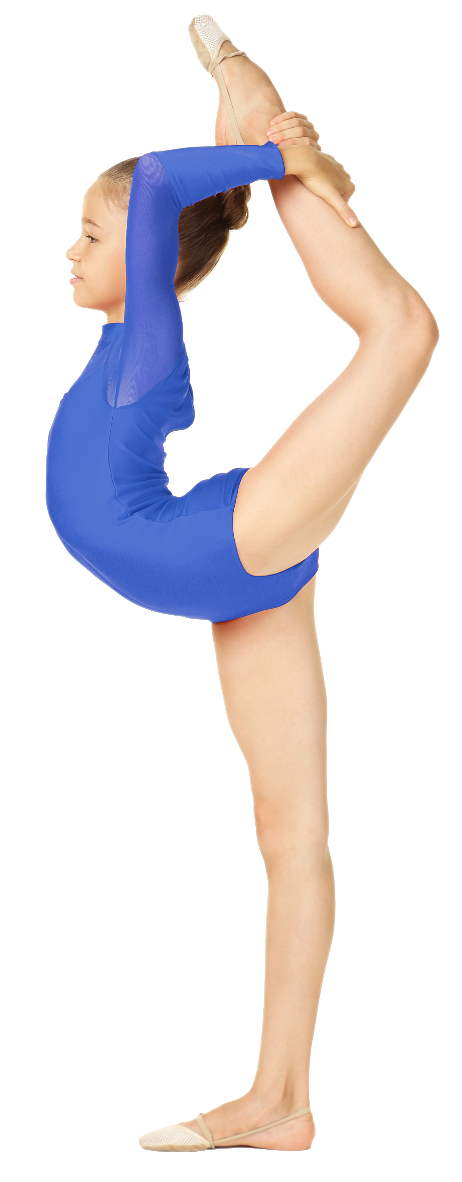A young girl in a blue leotard is doing a split on a white background.
