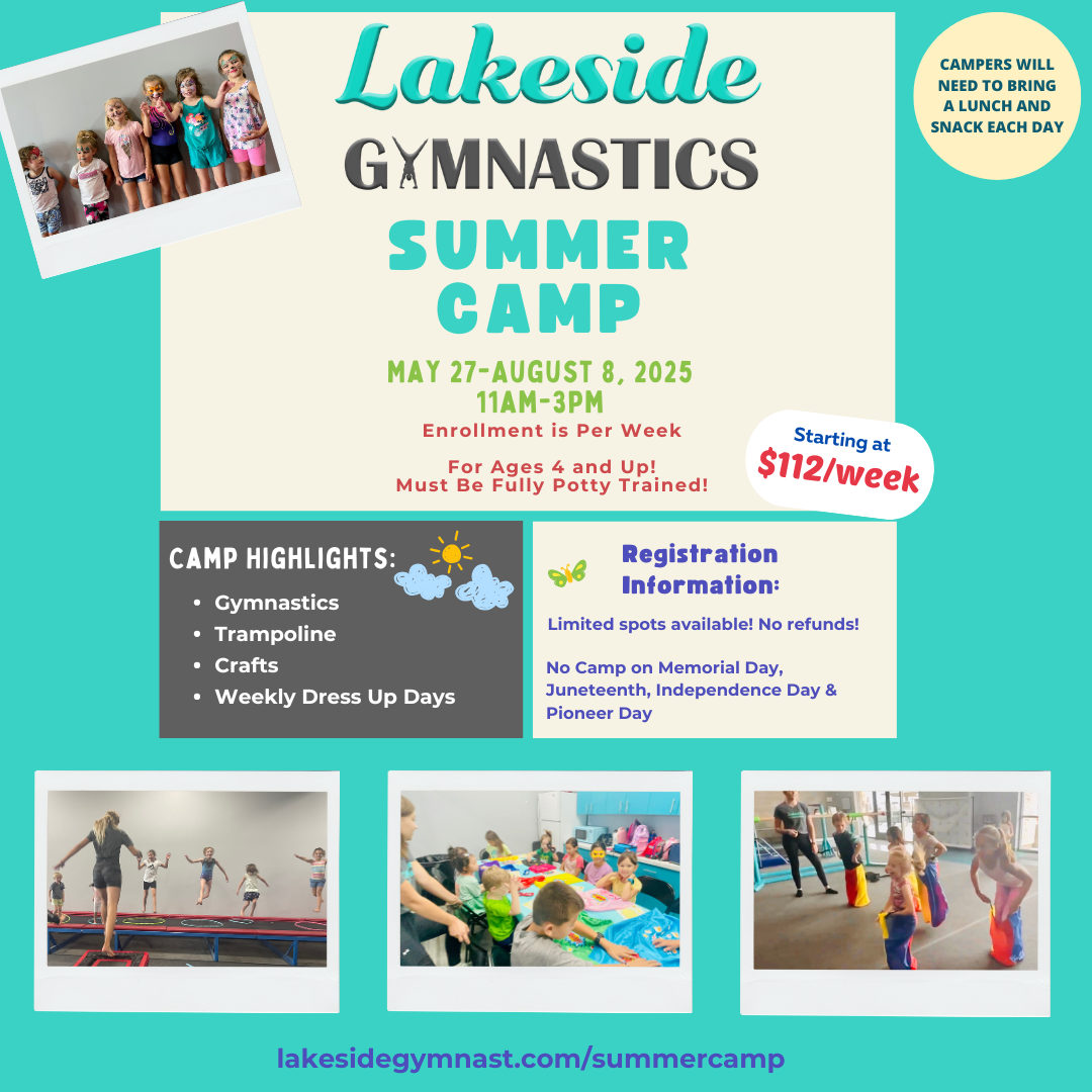 A poster for a lakeside gymnastics summer camp