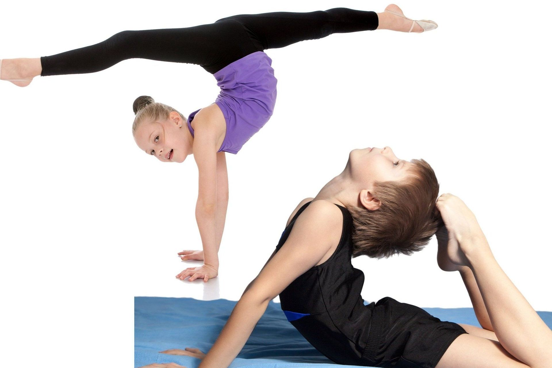 A boy and a girl are doing gymnastics on a blue mat