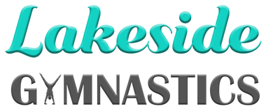 The logo for lakeside gymnastics is blue and black on a white background.