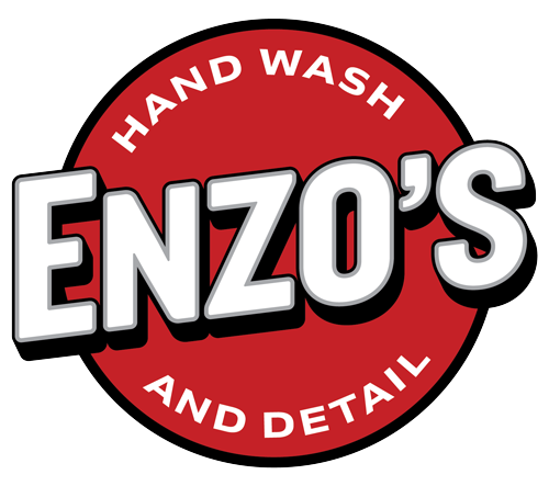 Logo for Enzo's Hand Wash and Detail, red circle with white text: "ENZO'S" in large letters, "HAND WASH" and "AND DETAIL."