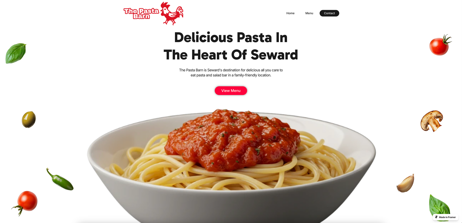 A bowl of spaghetti with tomato sauce on a website.