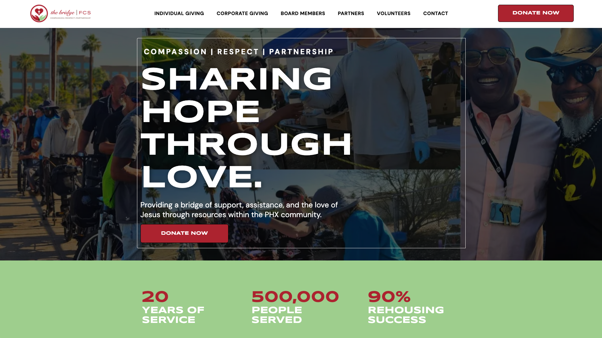 Website header: People volunteering, sharing hope, with text overlay.