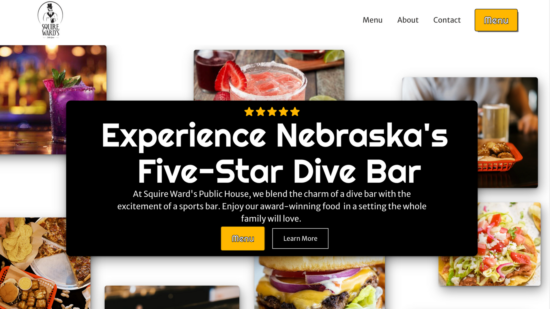 Website homepage with food and drinks; headline: