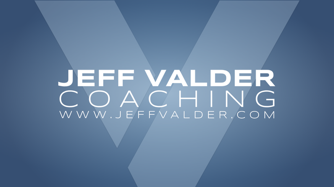 A logo for jeff valder coaching with a blue background