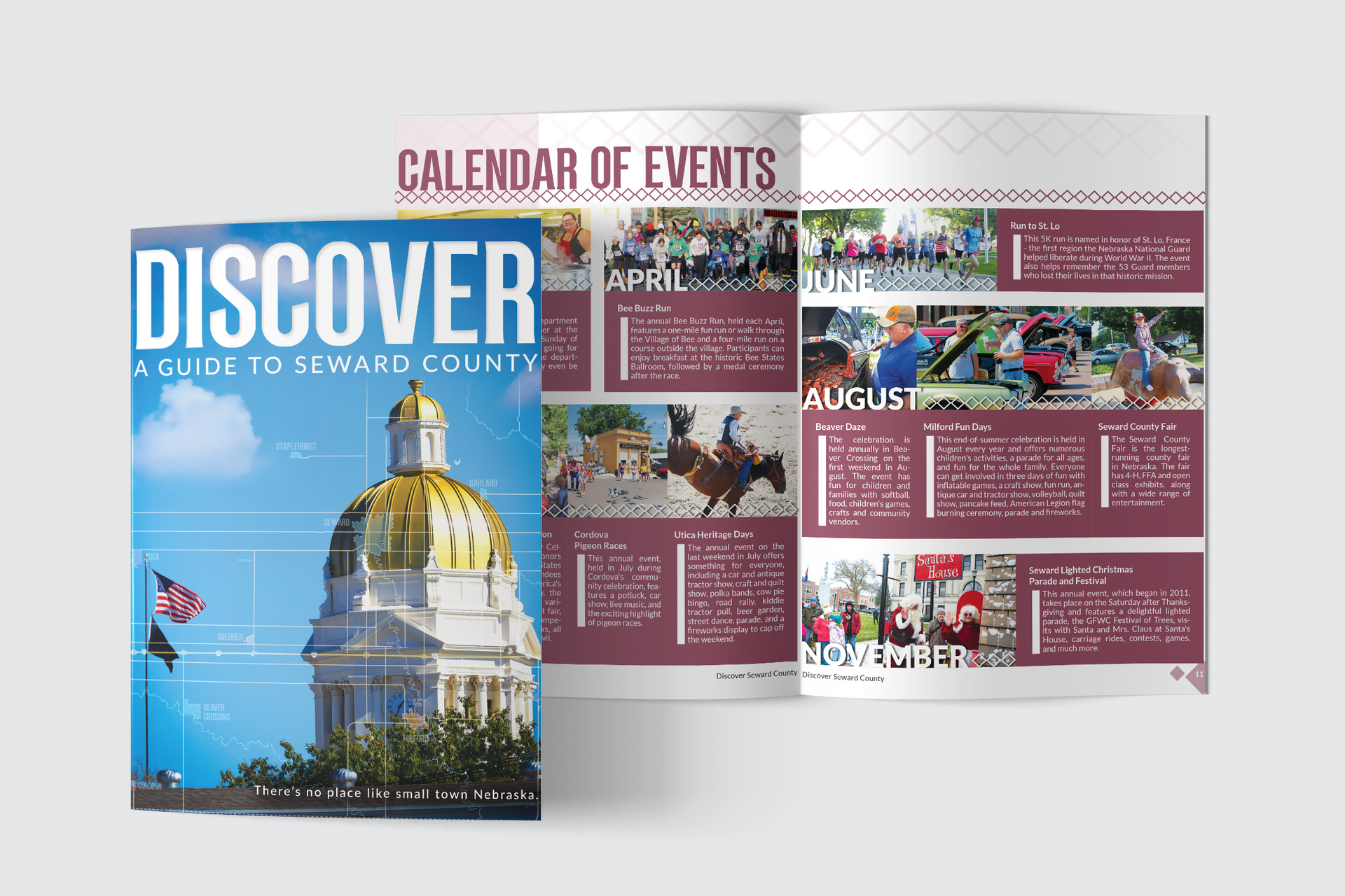 A calendar of events for seward county is sitting on a table.