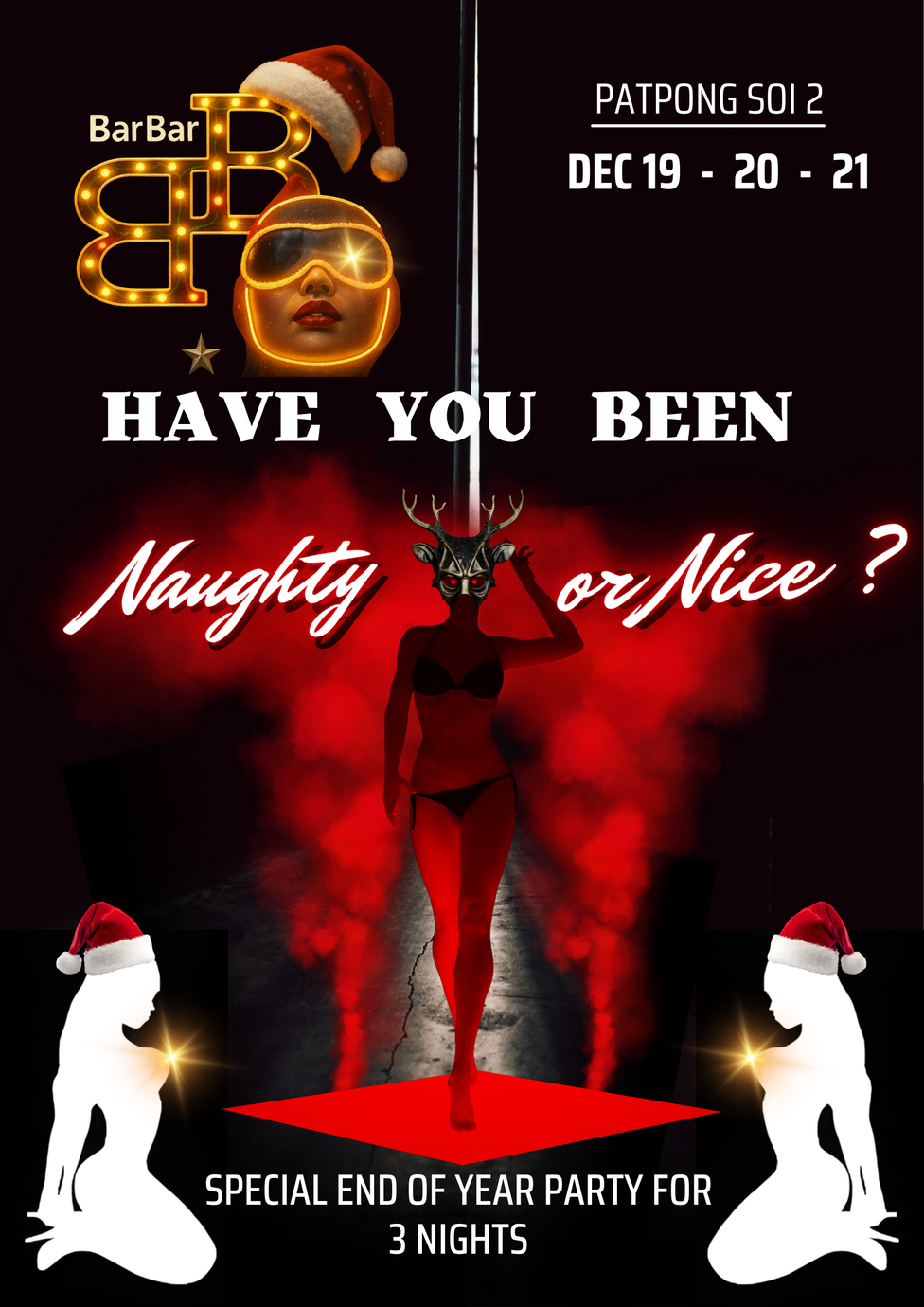 Christmas party flyer: woman on pole, red/black theme.