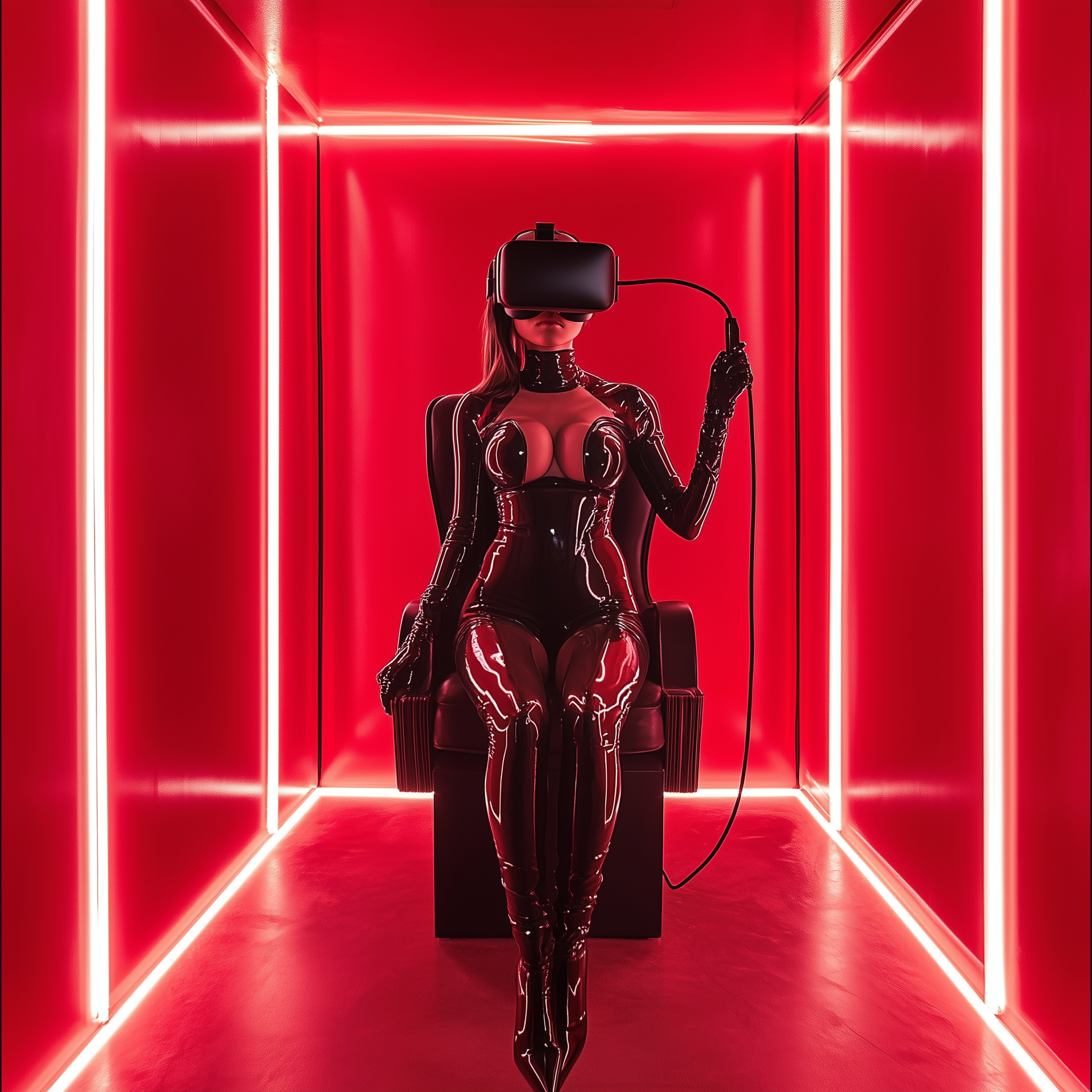 A woman is wearing a virtual reality headset while sitting in a chair.