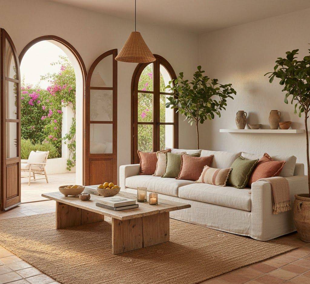 Soggiorno con divano beige, tavolino da caffè in legno e porte ad arco che conducono al giardino.