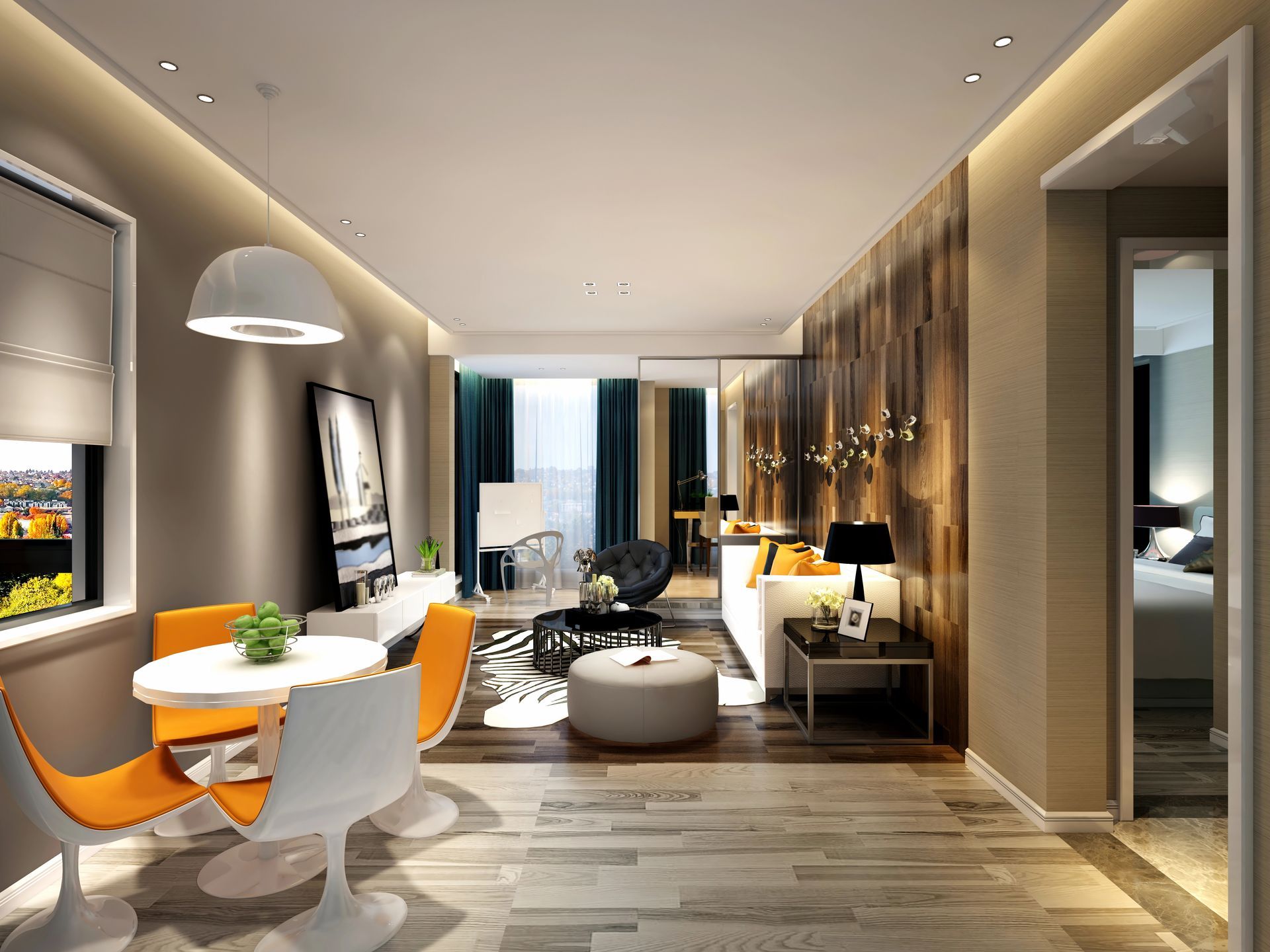 Interno di un soggiorno moderno con zona pranzo, divano e parete con elementi in legno.