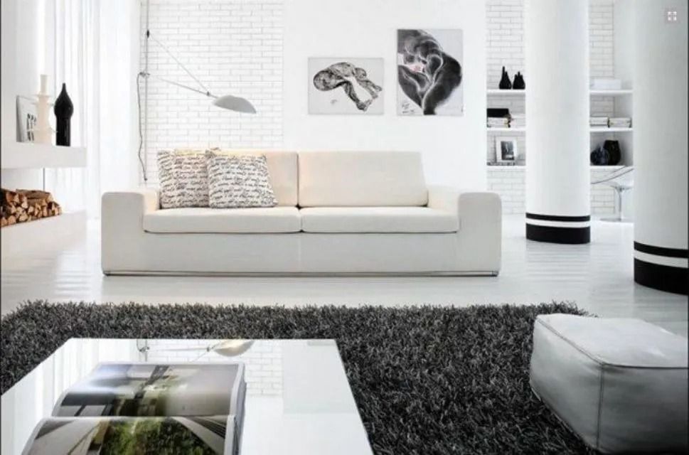 Soggiorno moderno con divano bianco, opere d'arte in bianco e nero e tappeto grigio a pelo lungo.