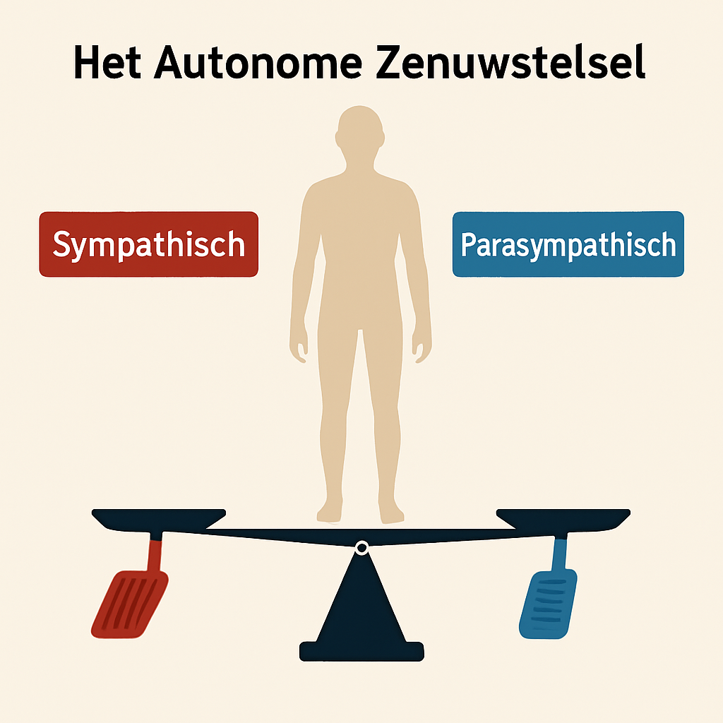Illustratie van het autonome zenuwstelsel met de balans tussen het sympathische ‘gaspedaal’ en het 